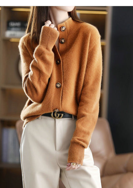 2026 New Retro Women'S 100% Cashmere Solid Color Stand Collar Cardigan, Casual Loose Fit Outerwear for Office Commute & Business Casual Outfit