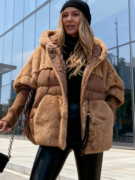 Women's Relaxed-fit New Patchwork Coat with Hooded Design, Dropped Shoulders, Plush Fabric, and Concealed Front Zip Fastening. Ideal for Winter Leisure Wear, Street Style Outfits, and Everyday Outings.