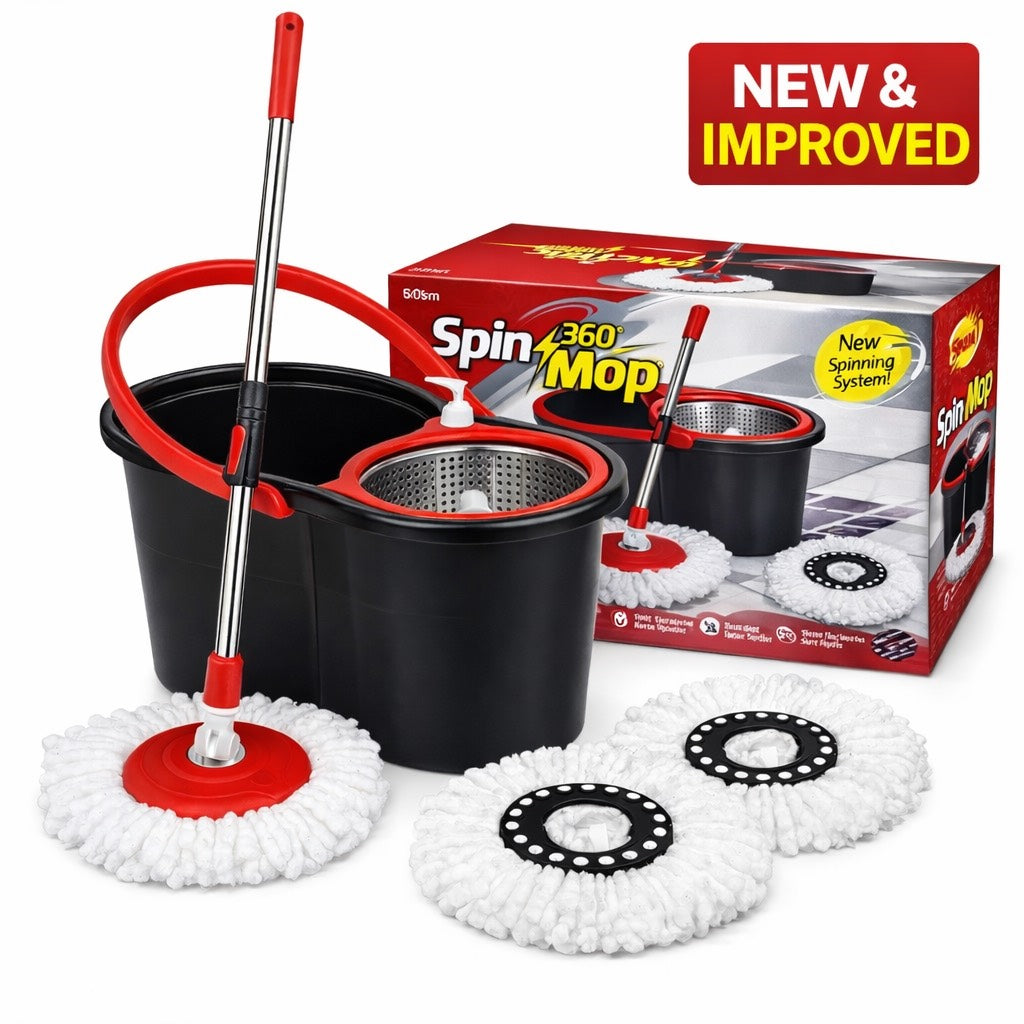 360° Spin Mop & Bucket Set with Wringer 2 Microfiber Heads Extendable Stainless Steel Handle Easy Clean Floor Mop for Home Kitchen Bathroom