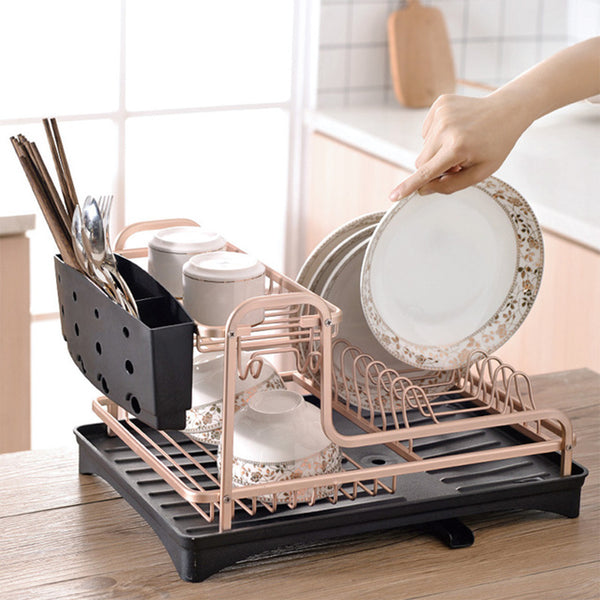 Rose Gold Color, Vertical Bowl And Plate Drain Rack with Rotating Water Outlet Drip Tray, Large Capacity, Aluminum Alloy Bowl And Plate Rack with Cutlery Rack, Kitchen Countertop Storage Rack, Saving Countertop Space