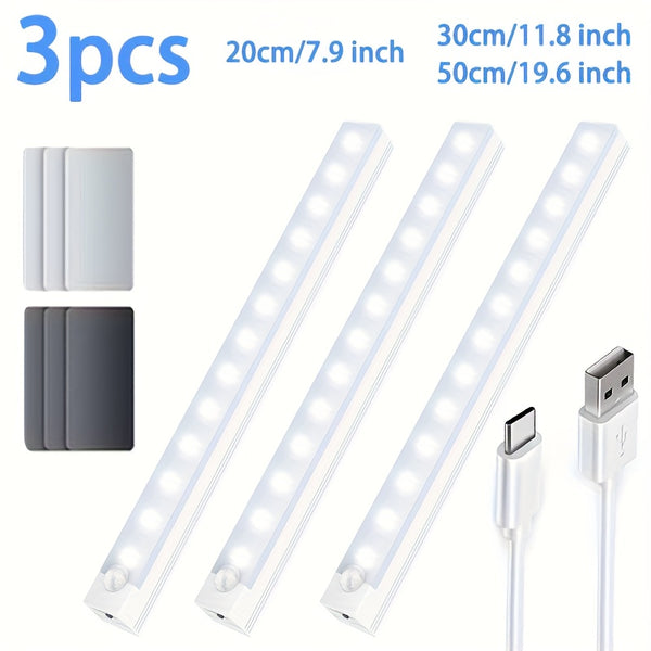 3pcs Warm/White Light 20cm/30cm/50cm Motion Sensor LED Induction Light USB Charging, Magnetic Non Perforated Long Night Light, Suitable for Home and Office Use, Back to School Gift