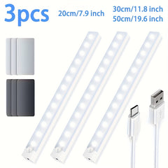3pcs Warm/White Light 20cm/30cm/50cm Motion Sensor LED Induction Light USB Charging, Magnetic Non Perforated Long Night Light, Suitable for Home and Office Use, Back to School Gift