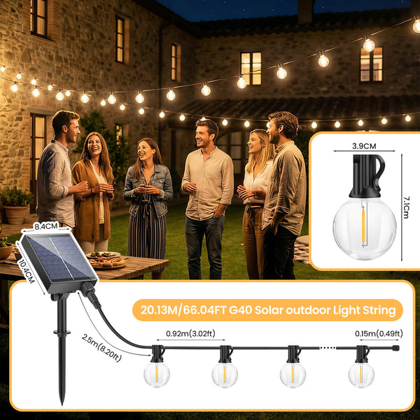 Dimmable Solar Outdoor String Lights - 100ft/60ft/50ft G40 Solar Powered Garden Lights, Remote 3 Timer 8 Modes Waterproof Outside Festoon Lights for Gardens Patios Fences Pergolas