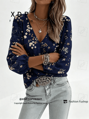 2D Flat Print Retro Western Style Shirt| V-neck Women's Long-sleeved Top with Colorful Small Floral Print, Bohemian Style Lantern Sleeve Design, Machine Washable, Suitable for Casual Attire and Vacations, 2D Flat
