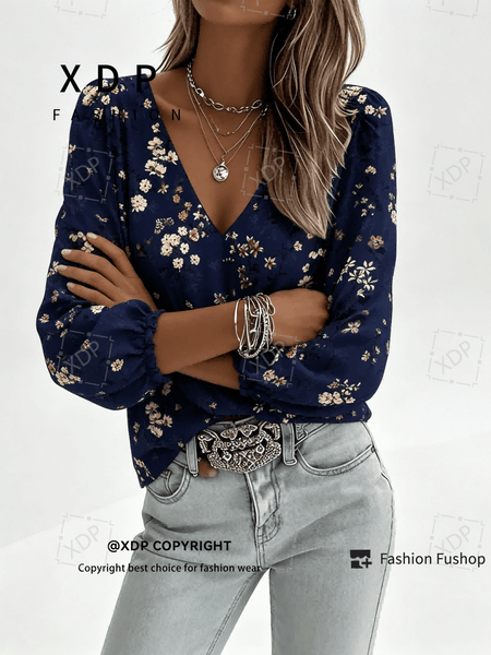 2D Flat Print Retro Western Style Shirt| V-neck Women's Long-sleeved Top with Colorful Small Floral Print, Bohemian Style Lantern Sleeve Design, Machine Washable, Suitable for Casual Attire and Vacations, 2D Flat