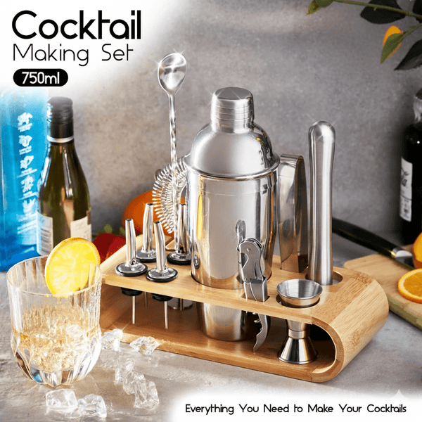 Tanness 12 Piece Cocktail Shaker Set - Stainless Steel Cocktail Accessories - Bartender Kit with Drink Shaker, Jigger, Spoon, Strainer, Corkscrew, Ice Tongs, Pestle, Pourers, Bamboo Display Stand
