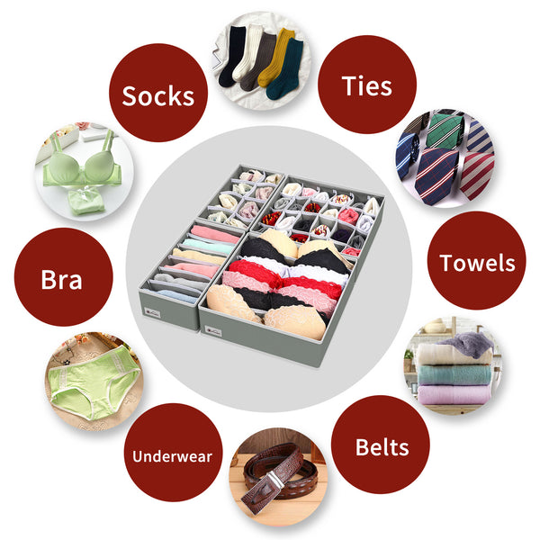 Vinsani Drawer Organiser Set of 4 Wardrobe Storage Dividers for Closet Undies Underwear Bra Socks Clothes Dresser Foldable Partitioned Cell Bedroom Storage Box