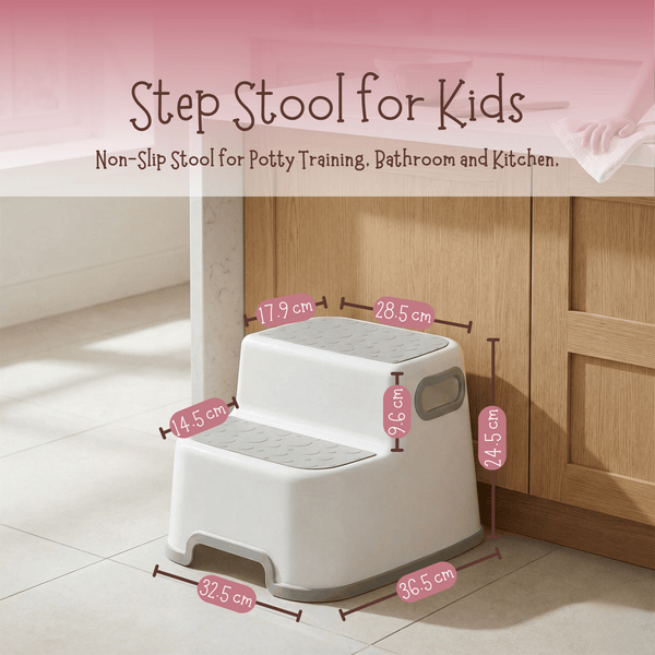 Double Step Stool for Kids – Non-Slip 2 Step Toddler Stool with Handles for Potty Training, Bathroom & Kitchen (White)