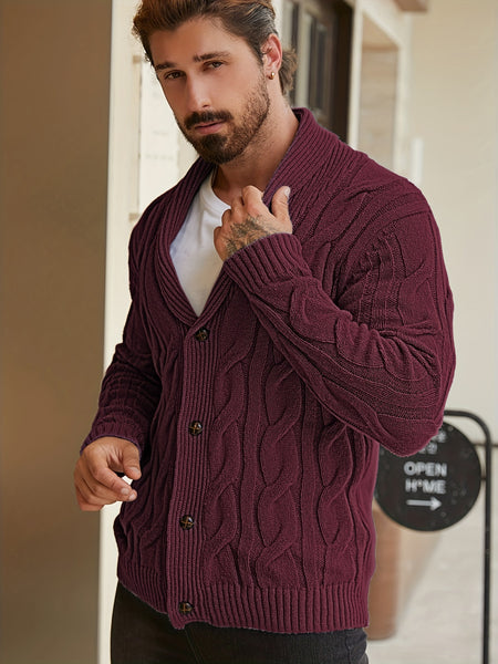 Men'S Solid Cable Knit Cardigan Fall Winter Button-Up Knit Coat