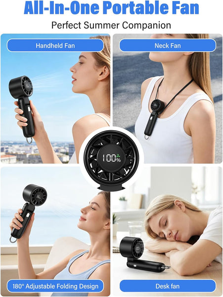 Handheld Fan, 100-Speed Portable Mini Fan with 12800 RPM Strong Airflow, Foldable 4-In-1 Personal Fan for Travel, Beach & Office, USB-C Rechargeable, Lightweight & Quiet (Black)