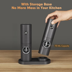 Electric Salt and Pepper Grinder Set, 2pcs with Base and Cleaning Brush, Adjustable Grind Coarseness, LED Lighting, Suitable for Kitchen/BBQ/Restaurant, Kitchen Table Seasoning Tool or Gift, Black