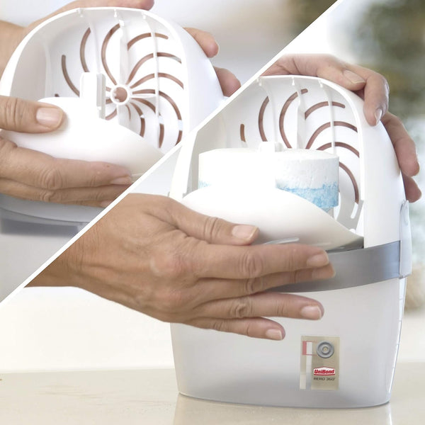Unibond AERO 360º Moisture Absorber, 1 Device Incl. 1 Refill Tab 450G, Ultra-Absorbent Dehumidifier, Helps to Prevent Condensation, Mould & Musty Smells, Recyclable, Refillable Condensation Absorber