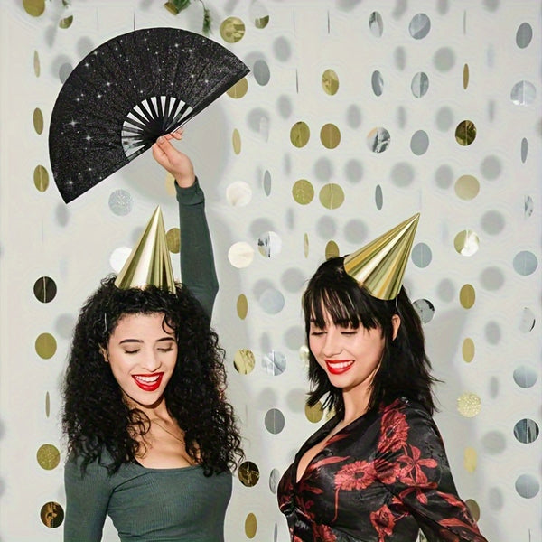 2pcs Large Matte Black Folding Fans - Elegant Chinese Kung Fu & Tai Chi Design with Sparkling Stars, Durable Nylon Fabric for Martial Arts, Dance Performances, Home Decor, Gifts - Retro Style, Performance Essentials | Retro Style Fans, Without Battery