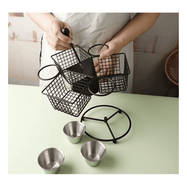1pc Rotating French Fry Basket with Dipping Cup Compatible for French Fries, Onion Rings, Wings - Heavy-Duty Stainless Food-Contact Rotator System, Countertop/Floating Shelf Fryer Basket for & Commercial Kitchens