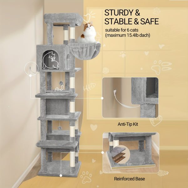 170cm Large Cat Tree, Cat Tower for Maine Cat, Multi-Storey Scratching Post with Large Perch, Washable Mat, Cat House Furniture with 2 Caves, 8 Scratching Posts, Light Grey, Dark Grey