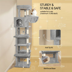 170cm Large Cat Tree, Cat Tower for Maine Cat, Multi-Storey Scratching Post with Large Perch, Washable Mat, Cat House Furniture with 2 Caves, 8 Scratching Posts, Light Grey, Dark Grey