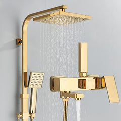 Modern Square Golden Shower Faucet System with Rainfall Shower Head & Bathtub Spout - Exposed Wall-Mounted Stainless Suitable for Bath/Shower, Polished, Splitter Valve, for or Commercial Use