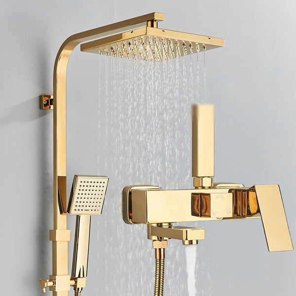 Modern Square Golden Shower Faucet System with Rainfall Shower Head & Bathtub Spout - Exposed Wall-Mounted Stainless Suitable for Bath/Shower, Polished, Splitter Valve, for or Commercial Use