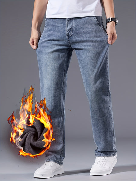 Vintage Men's -Lined Thickened Loose Straight-Leg Jeans - 092+1# Autumn/Winter New Style, Simple and Versatile with Slight Stretch