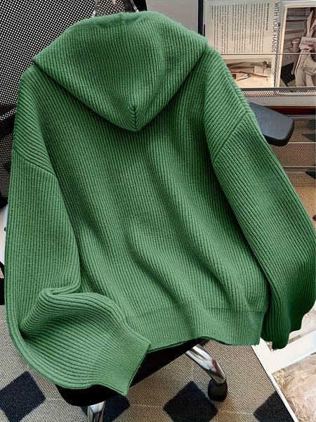 Hooded Button Sweater Cardigan, Spring Autumn Solid Color Casual Simple Open Front Soft Comfortable Elegant Women's Wear