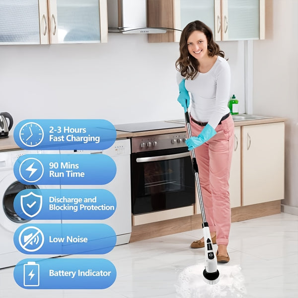 Electric Spin Scrubber, a Powerful Cleaning Brush Featuring an Adjustable Extension Handle, Offers Two-Speed Settings And Comes with Nine Interchangeable Brush Heads for Cleaning Bathrooms And Kitchens