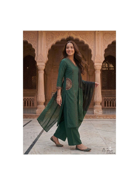 TeamWear* Womens Cotton Embroidered Neck and Dual Pockets Kurta Set with Palazzo and Contrast Dupatta