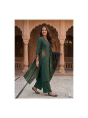 TeamWear* Womens Cotton Embroidered Neck and Dual Pockets Kurta Set with Palazzo and Contrast Dupatta