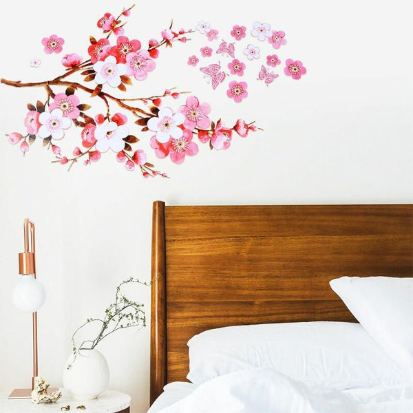 2PCS Pink Blossom Tree Flower Wall Stickers Vinyl Art Decals Glossy Polyvinyl Wall Sticker for Bedroom, Living Room, Bathroom Decor