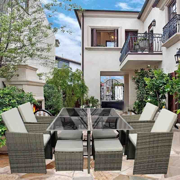 Rattan Garden Furniture Set Cube Dining Table Chair Stool 8 Seater Outdoor Patio