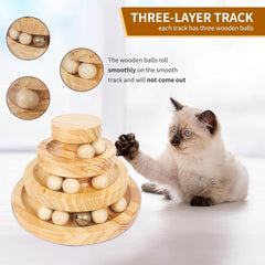 Cat Toys for Indoor Cats, Wooden Cat Ball Toy with Three Layer Track, Interactive Cat Toy with Bell, Safe and Robust, Indoor Cat Toys for Stimulation, Suitable for Cats Adult or Kitten