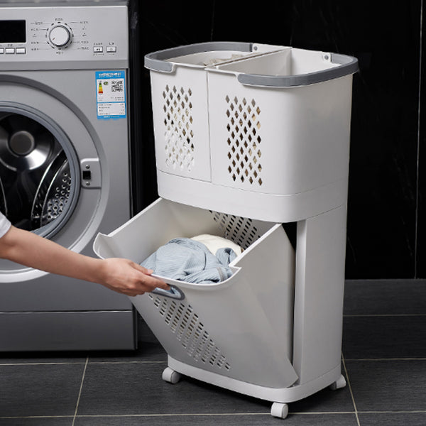 1 piece, white, bathroom and toiletries storage basket, upper layer can be used separately, non perforated household multifunctional plastic dirty clothes basket, multi-layer snack, beverage, toy storage basket, household small item storage basket, freely