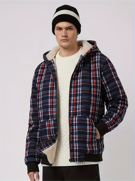 Men's Heavyweight -Lined Hooded Jacket - Full-Zip Plaid Thickened Shirt with Pockets and Adjustable Drawstring, Comfortable and Warm for Autumn and Winter