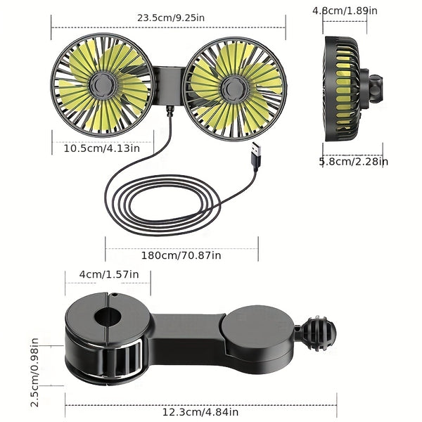 Car Fan, Car Small Air Conditioner, Double-Head Rear USB Interface Electronic Fan, Strong Wind, 360-Degree Rotation, USB Gadget, Computer Additions, Car And Home Dual Use, USB Fan Compatible with Laptops
