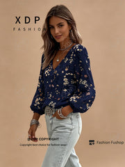 2D Flat Print Retro Western Style Shirt| V-neck Women's Long-sleeved Top with Colorful Small Floral Print, Bohemian Style Lantern Sleeve Design, Machine Washable, Suitable for Casual Attire and Vacations, 2D Flat