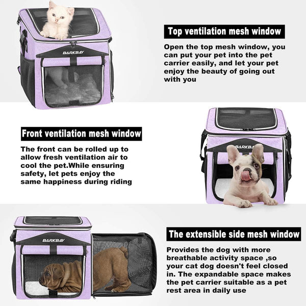 BARKBAY Dog Bike Basket Carrier, Expandable Foldable Soft-Sided Dog Carrier, 2 Open Doors, 5 Reflective Tapes, Pet Travel Bag, Safe and Easy for Small Medium Cats and Dogs (Purple)