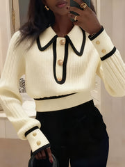 Women's Pullover Sweater for Autumn/Winter, Can Be Worn as an Inner or Outer Layer, Comfortable, Warm, Elegant, and Features a Spicy Design with a Spliced Lapel and Exquisite Metal Buttons. Suitable for Commuting, Dates, and Valentine's Day