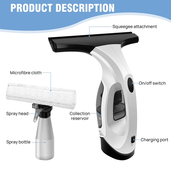 Cordless Window Vacuum Electric Window Squeegee 300ml Spray Bottle 3 in 1 for Spray Wipe Suck up Water, Cordless Vac Cleaner Tool for Windows, Tiles, Glass, Mirror and Countertops