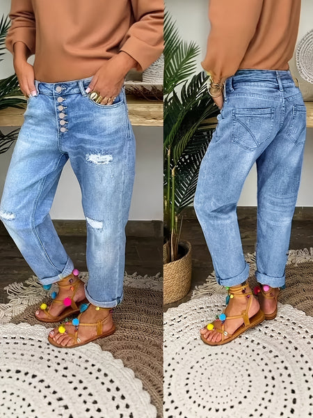 Women's Casual Ripped Hole Straight-barrel Multi-button Pants