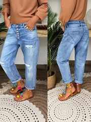 Women's Casual Ripped Hole Straight-barrel Multi-button Pants