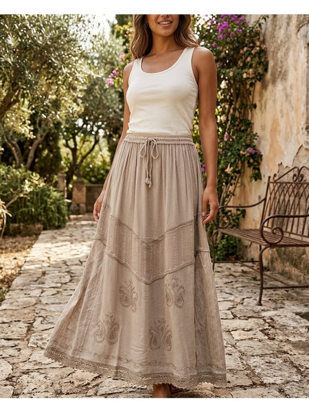 Women'S Indian Boho Maxi Skirt, Embroidered Drawstring Tiered Skirt 18654