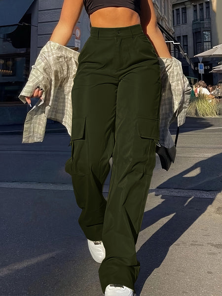 Flap Pocket Solid Color Cargo Pants, Y2K Slant Pocket Button Front Every Day Pants, Women's Clothing