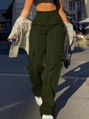 Flap Pocket Solid Color Cargo Pants, Y2K Slant Pocket Button Front Every Day Pants, Women's Clothing