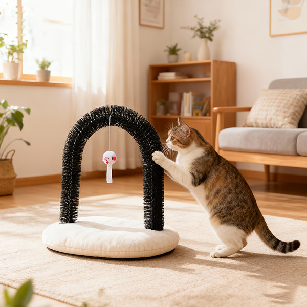 4-in-1 Multifunctional Pet Toy Cat Arch Scratcher Beauty Container and Massager Toy Pet Cat Scratching Board Toy Fur Grooming Brush Cat Arch Scratcher Irresistible Grooming Brush and Scratching Toy