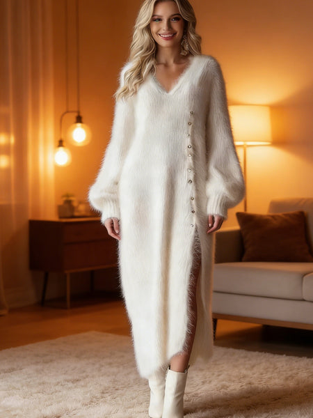 2026 Autumn and Winter V-neck Loose Lazy Style Button Decoration Slit Dress Temperament