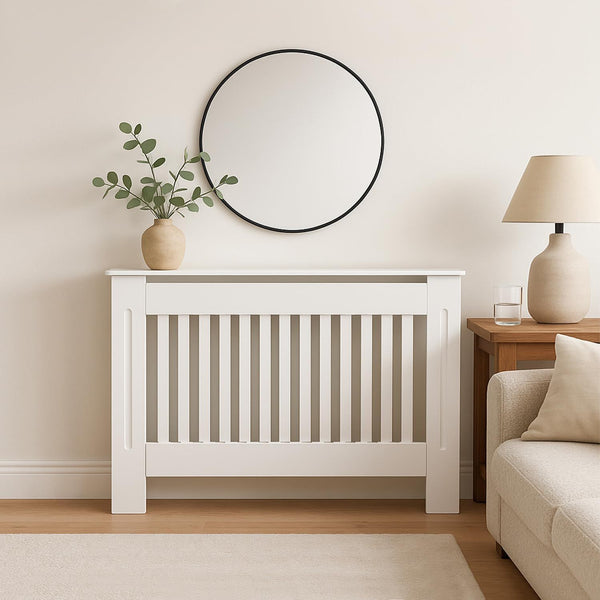 Radiator Cover Cabinet Large Small Wooden Radiator Cover, White Wood Painted MDF Cabinet Heater Cover Cabinet, Slats, Grill, Wood Top Shelf Easy Assembly for Living Room, Hallway, Bedroom Decoration