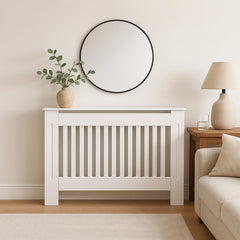 Radiator Cover Cabinet Large Small Wooden Radiator Cover, White Wood Painted MDF Cabinet Heater Cover Cabinet, Slats, Grill, Wood Top Shelf Easy Assembly for Living Room, Hallway, Bedroom Decoration