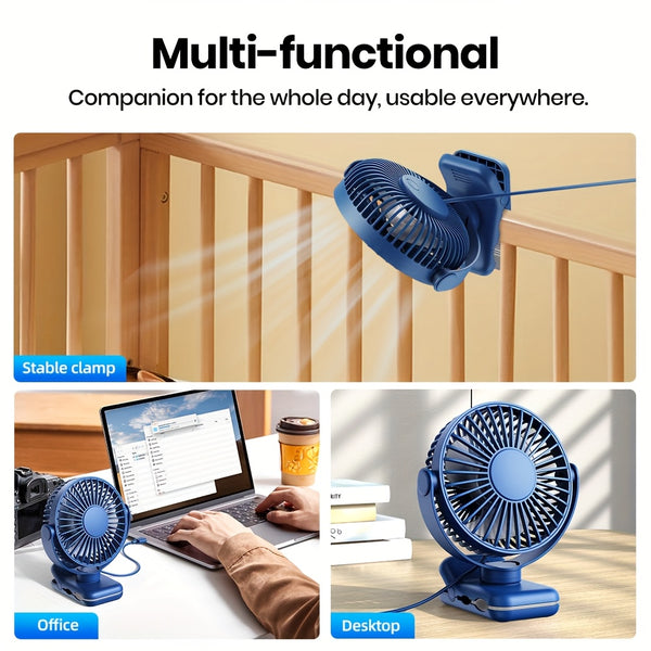 TOPK USB Clip-On Fan, 3-Speed Adjustable Airflow, 720° Flexible Rotation, Low Noise Operation, Portable Clamp Fan for Home, Office, Library, Blue