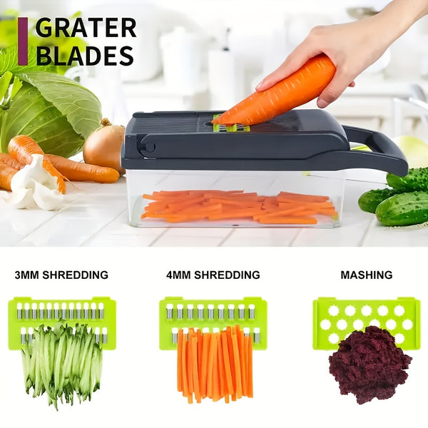 16-In-1 Enhanced Vegetable Chopper, Multi-Functional Vegetable Cutter, Versatile Fruit Slicer, Manual Food Grater with Container, Interchangeable Multi-Blade Onion Chopper, Home Potato Slicing Tool