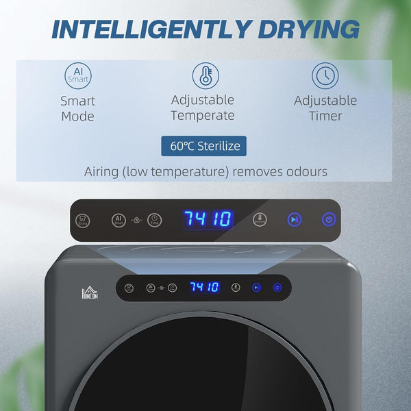HOMCOM 4Kg Vented Tumble Dryer, 1000W Compact Freestanding Front Tumble Dryer with Stainless Steel Tub, Timer, 6 Heat Settings, Small Portable Clothes Drying Machine, Grey