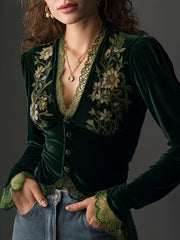 Directed Women'S Fashion New Elegant Floral Velvet Shirt Top, Long Sleeves, Lace Stitching, Slim Fit, Solid Color [Gavin]